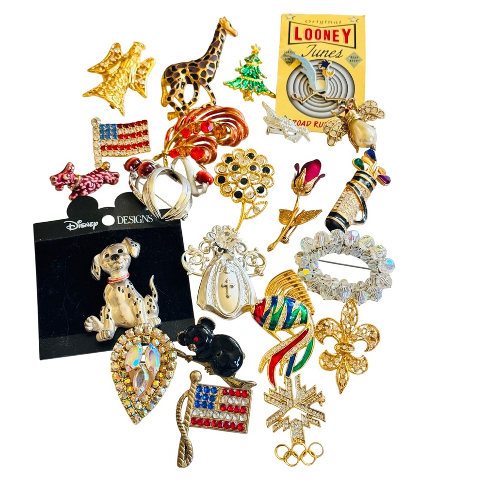 VTG 21 Piece Lot Of Brooch Pin 60s 70s 80s Colorful Costume Jewelry rhinestone